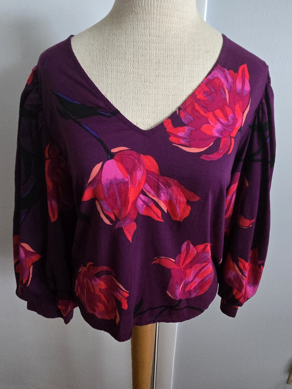 a new day Plum V-Neck Floral Blouse with Pink Accents